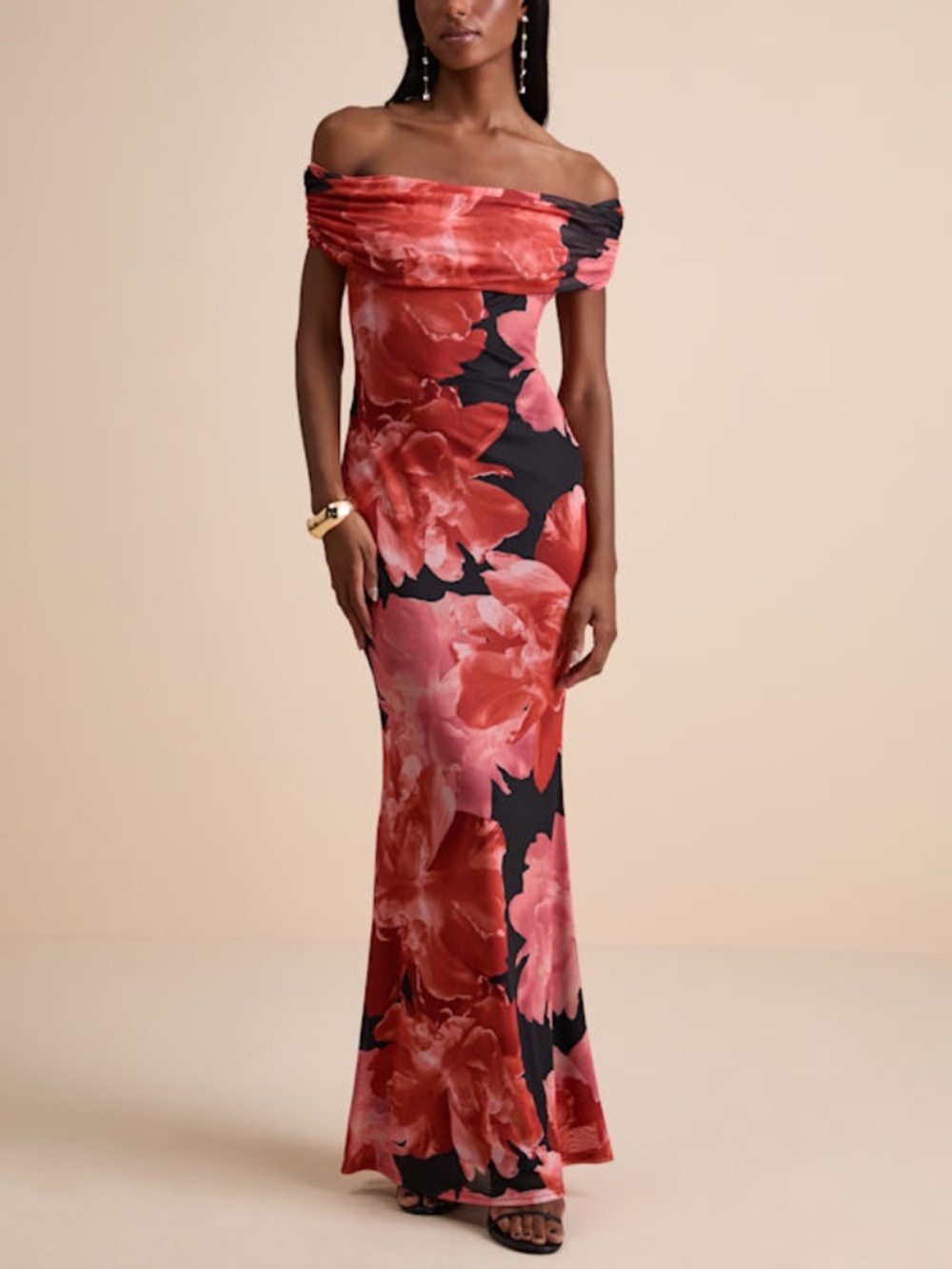 Lulus Dunia Black Floral Print Mesh Off-the-shoulder Maxi Dress - Size S